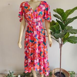 Anthropologie Pink Orange Floral Midi Dress